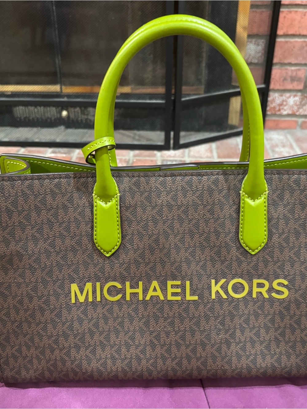 Michael Kors Scarlett Brown MK Logo Tote with Neon Green Accents